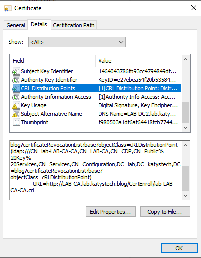 Screenshot of LAN-DC2 domain controller Kerberos certificate, showing the CRL Distribution Points field on Details tab