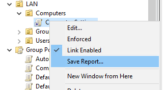 Screenshot of GPMC showing a policy 'Computer Settings' with the context menu showing 'Save Report' selected