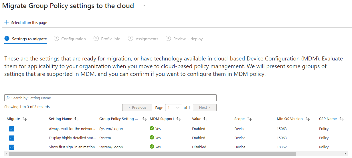 Screenshot showing 'Migrate Group Policy settings to the cloud' workflow showing the settings from our GPO, with tick boxes to select which you wish to migrate