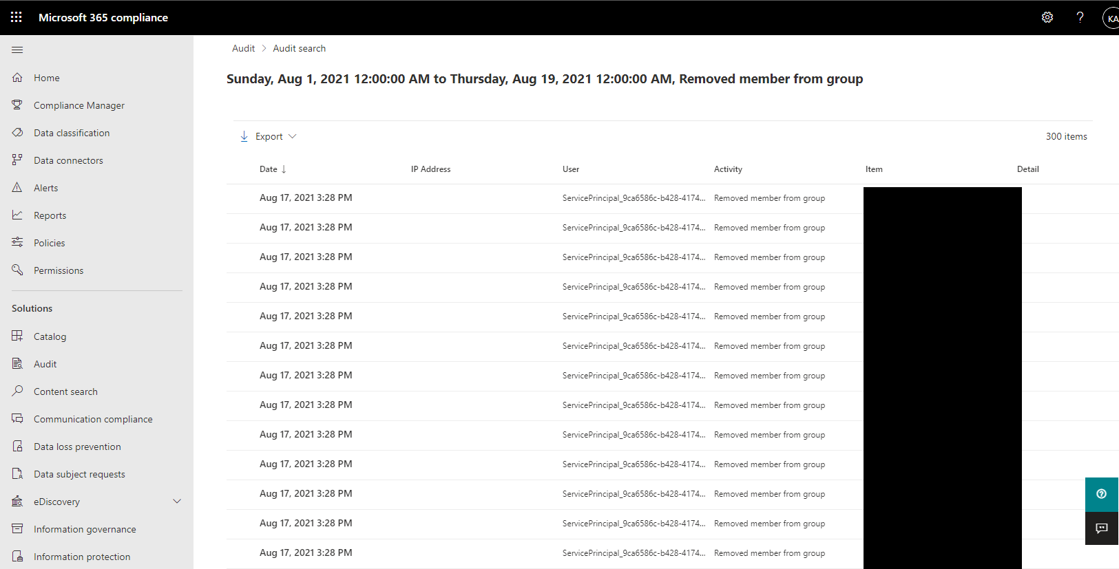 View of the Azure AD Audit log results