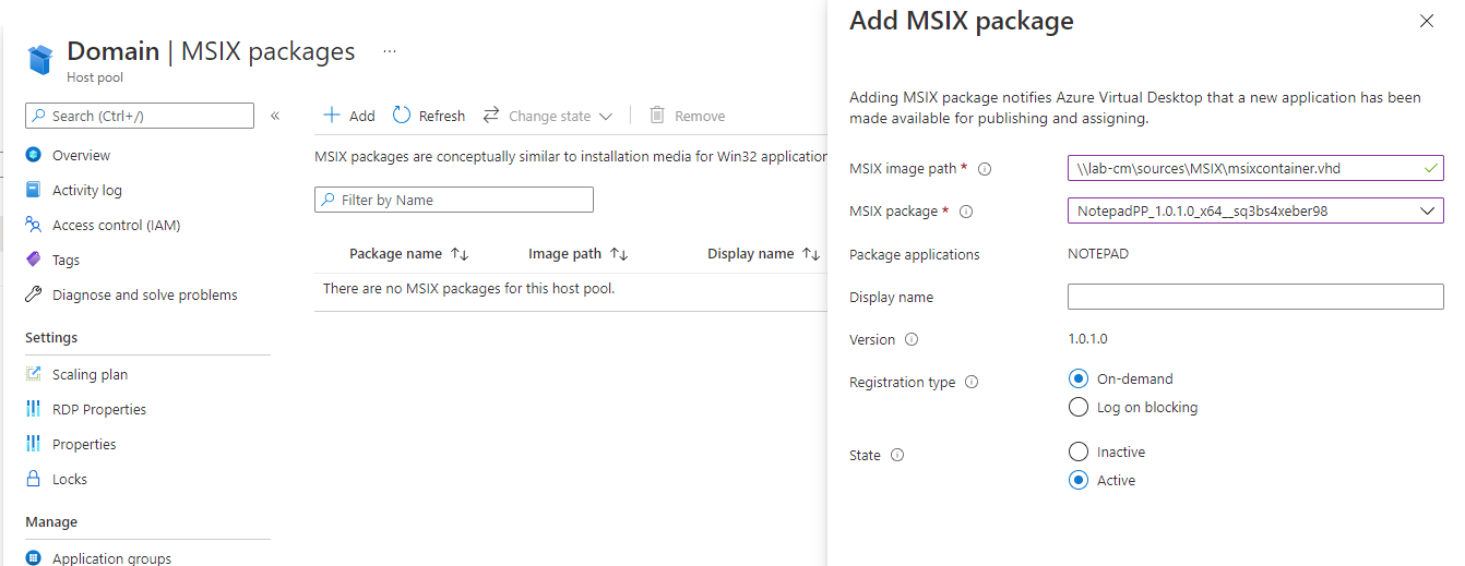 Screenshot of 'Add MSIX package' screen, asking for path to VHD file, MSIX package, display name, registration type, state.