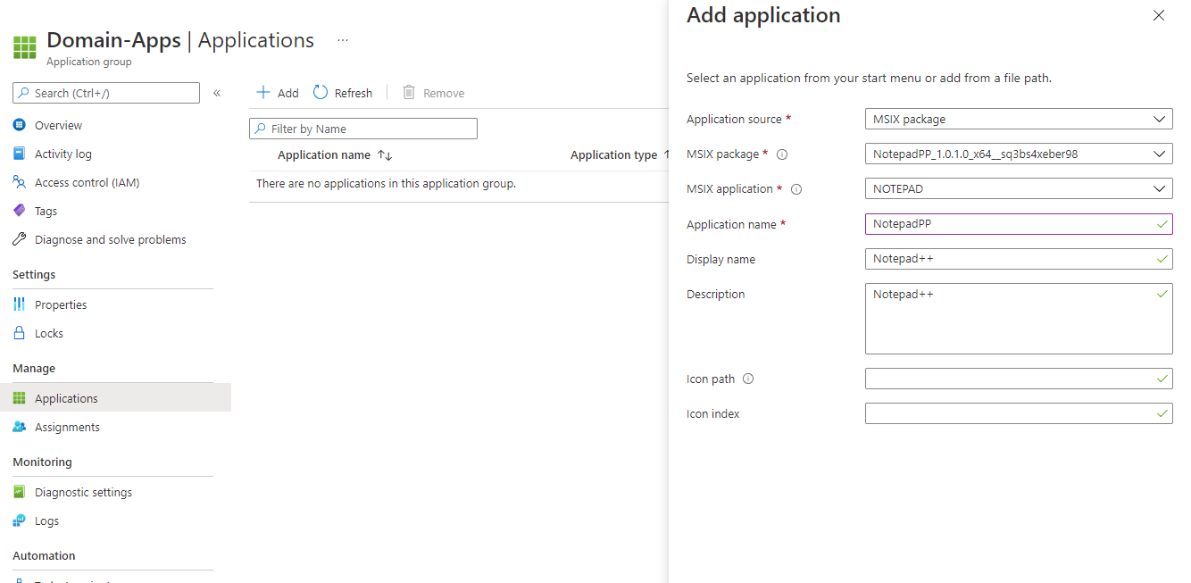 Screenshot of Application Group's Add Application screen, showing we have selected MSIX package Notepad++