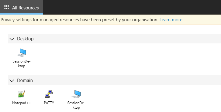 Screenshot of RD Web Client, showing 2 workspaces, Desktop contains SessionDesktop, Domain contains Notepad++, Putty and SessionDesktop