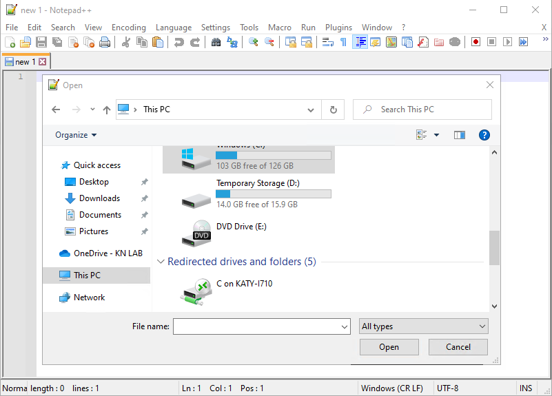 Screenshot of Notepad++ Remote App in AVD Client, showing the File Open dialog displaying the session host's local disks, and a redirected disk to the client computer's C drive.