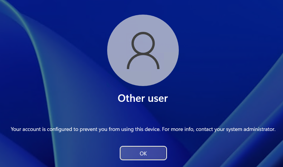 Screenshot of login page with error: Your account is configured to prevent you from using this device