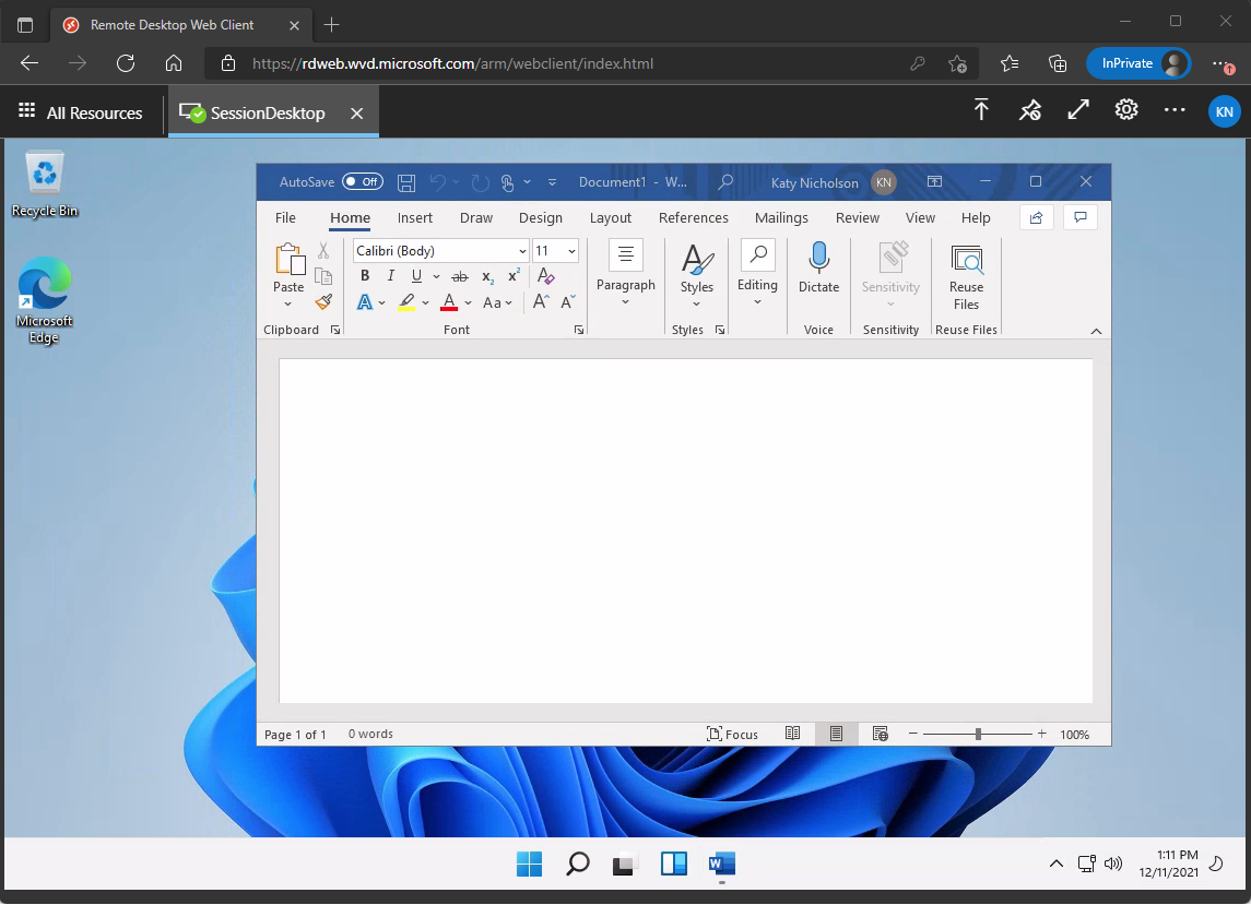 Screenshot of AVD HTML5 client showing the Windows 11 desktop, with Word running