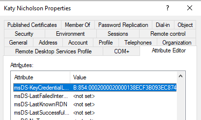 Screenshot of user account in Active Directory, Attribute Editor tab, msDS-KeyCredentialLink attribute has a value