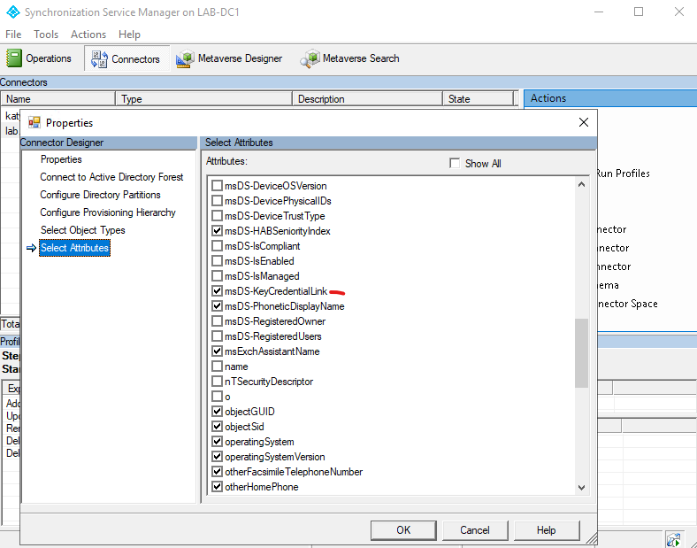 Screenshot of Sync Service Manager - ADDS Connector - Attributes showing msDS-KeyCredentialLink is checked