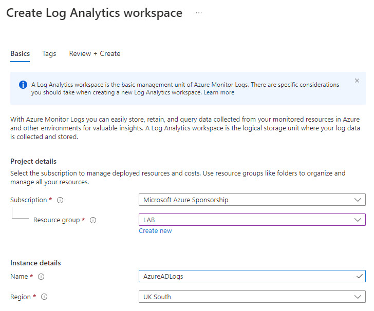 Screenshot of Create Workspace page, showing Azure subscription, Resource group, Instance Name and Region.