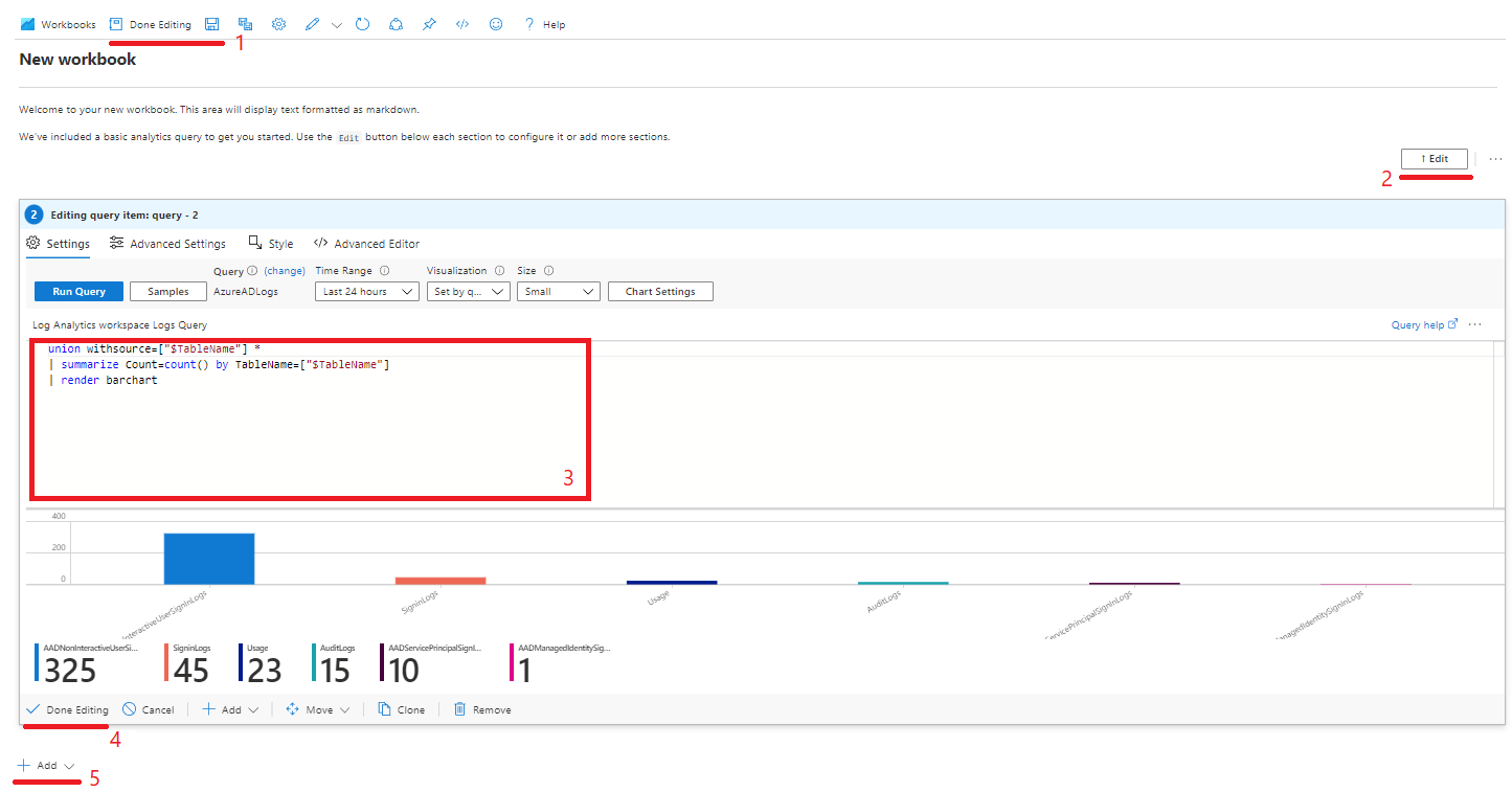 Screenshot of Log Analytics new workbook with various elements highlighted