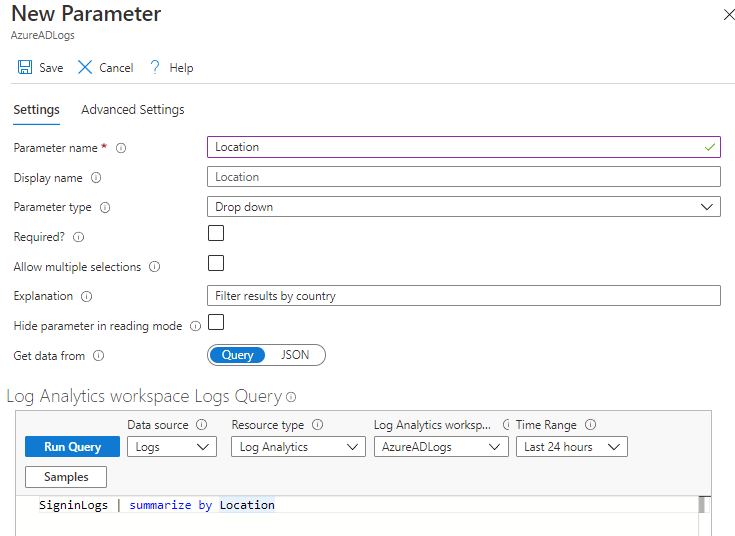 Screenshot of Log Analytics workbook parameter being created as detailed in the above text