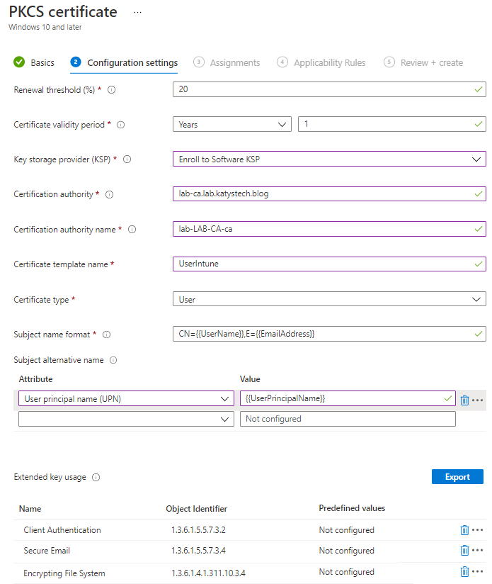 Intune PKCS Certificate configuration profile, showing settings as described in the article text