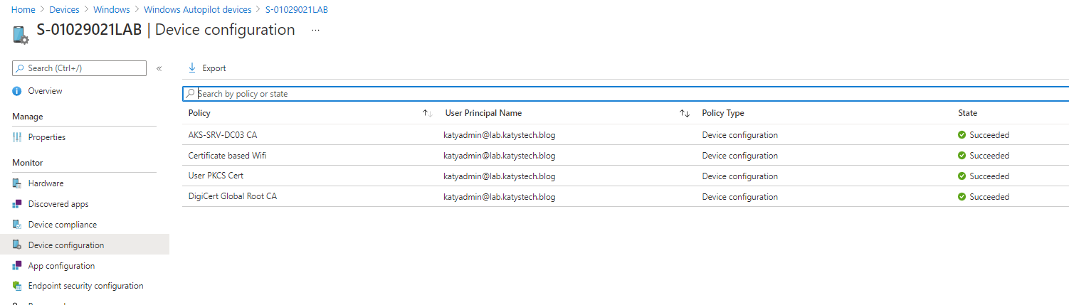 Device Configuration screen in Intune showing all four profiles were applied successfully