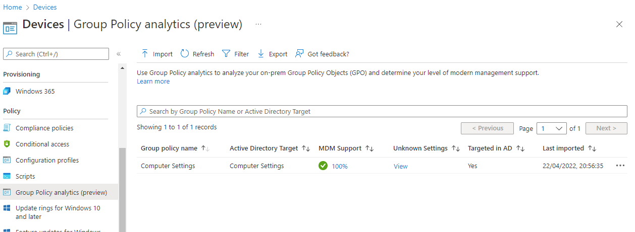 Screenshot of group policy analytics showing a single Computer Settings policy