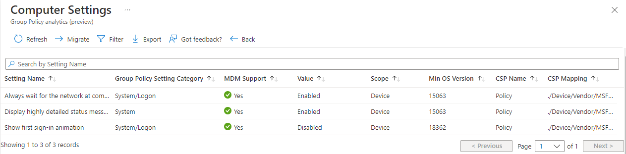 Screenshot of group policy analytics showing the individual settings within an imported GPO