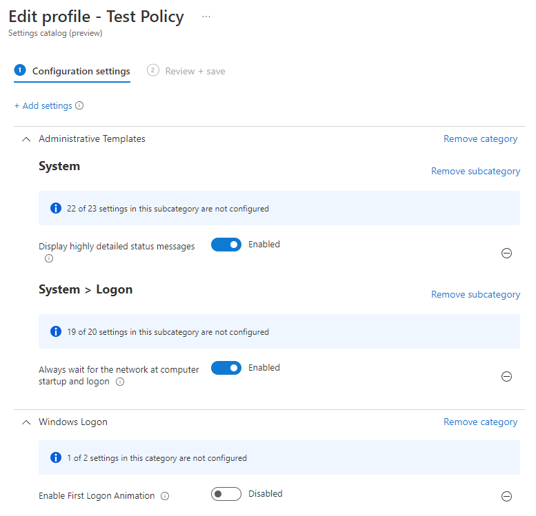 Screenshot of 'test' configuration profile, displaying 'Administrative Templates' with various System and Logon settings configured.