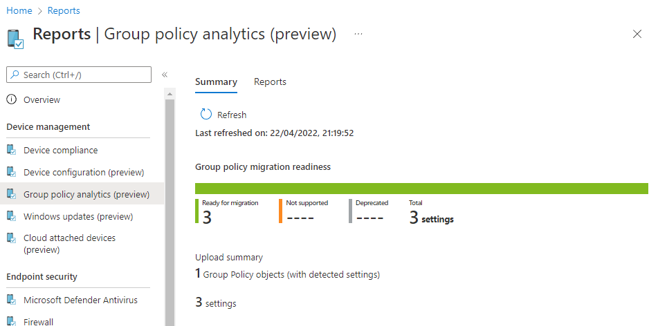 Screenshot of Group policy analytics reporting summary