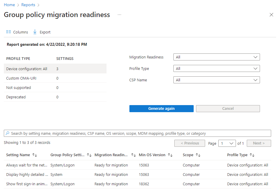 Screenshot of Group policy migration readiness report, showing profile types (Device configuration, Custom OMA-URI, not supported, deprecated) with setting counts, and list of all settings.