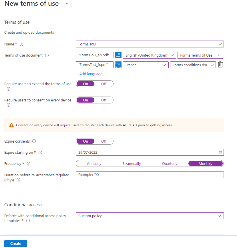 Screenshot of Terms of Use page showing settings: Name, Terms of use document (PDF upload), Require users to expand the terms of use, require users to consent on every device, expire consents, expire starting on (date), frequency (annually/bi-annually/quaterly/monthly), duration before re-acceptance required (days), conditional access policy template