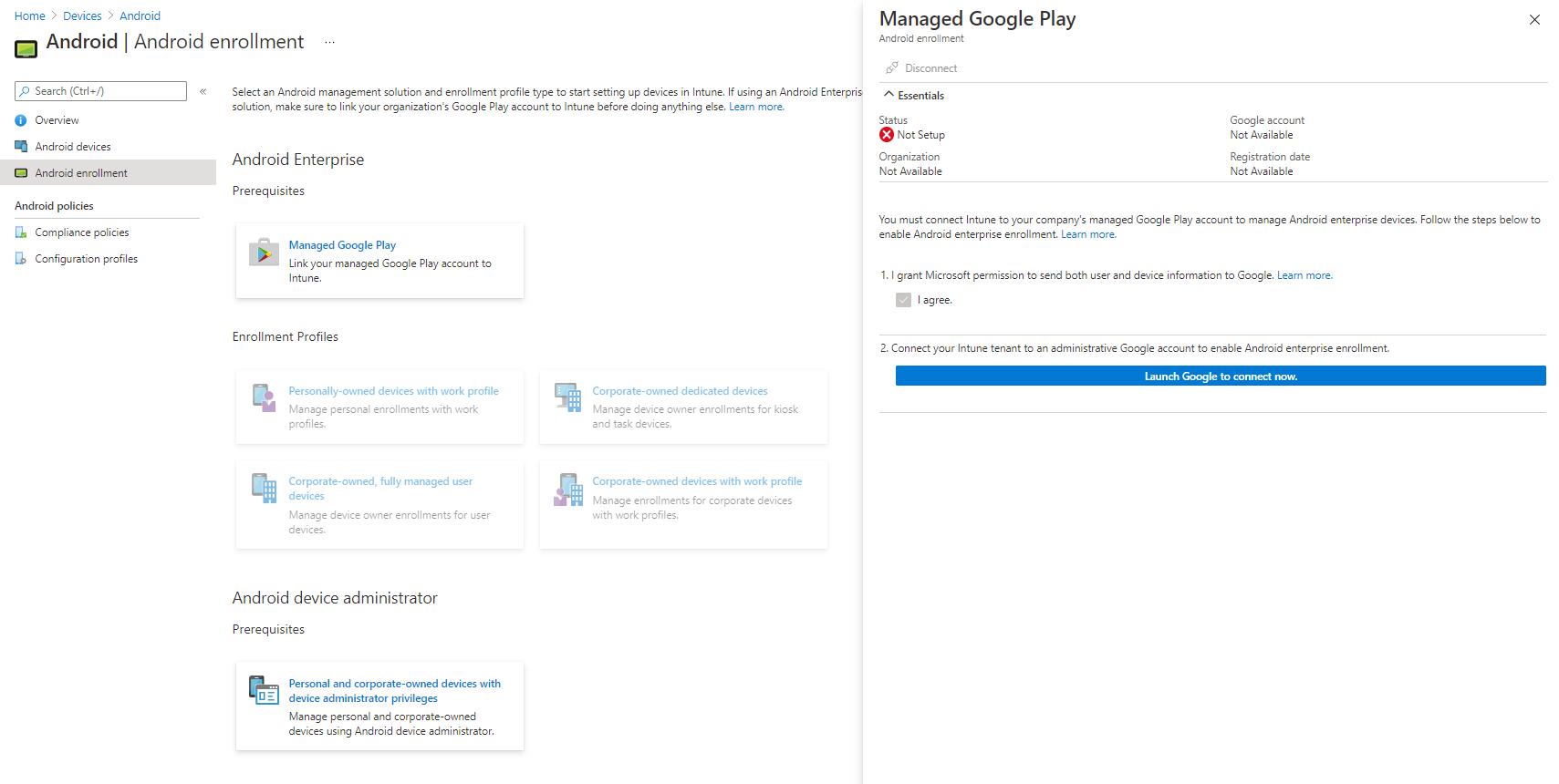 Android Enrollment page on Intune portal, showing the Android Enterprise Managed Google Play popout