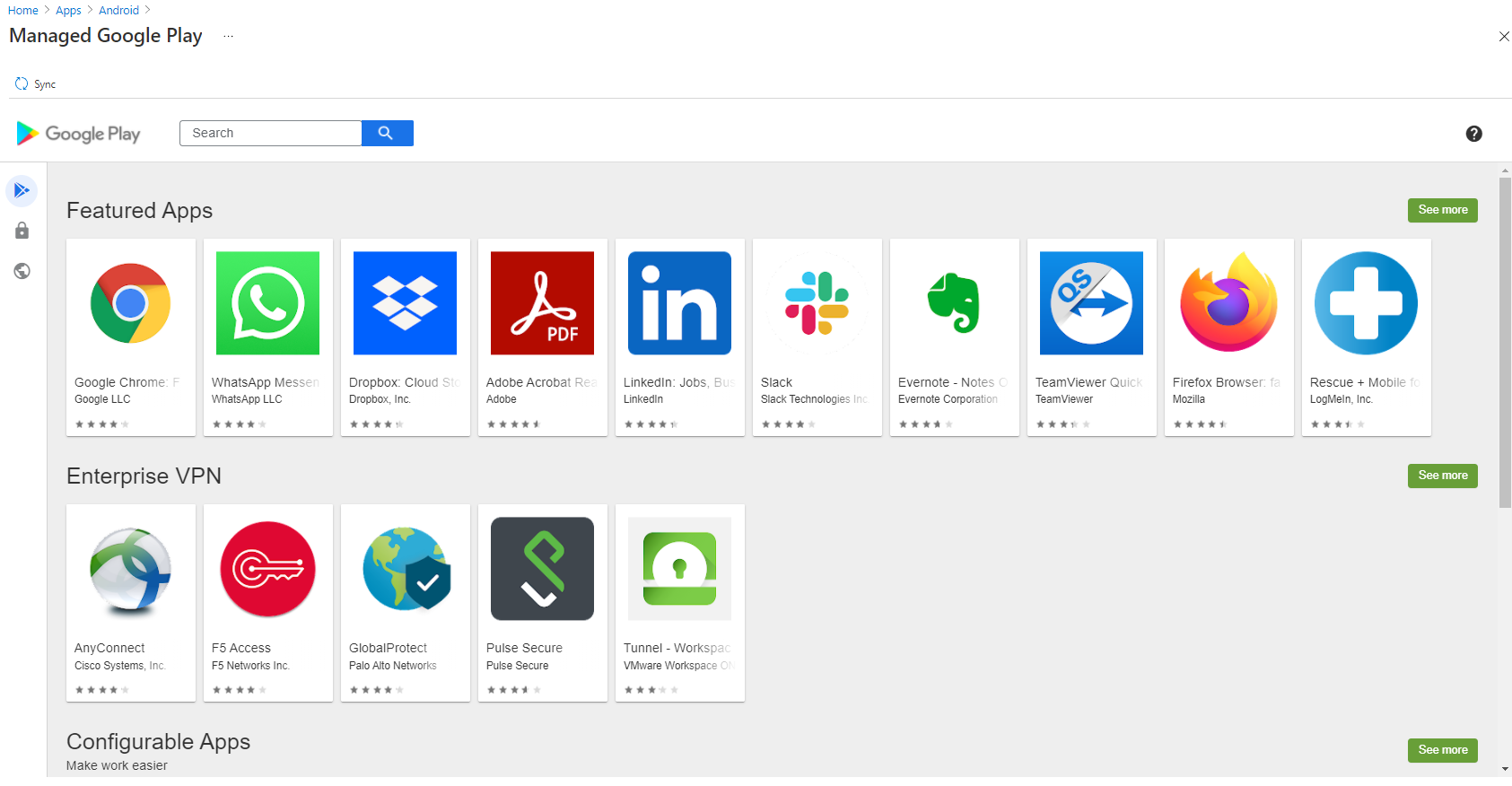 Screenshot of Managed Google Play store within MEM
