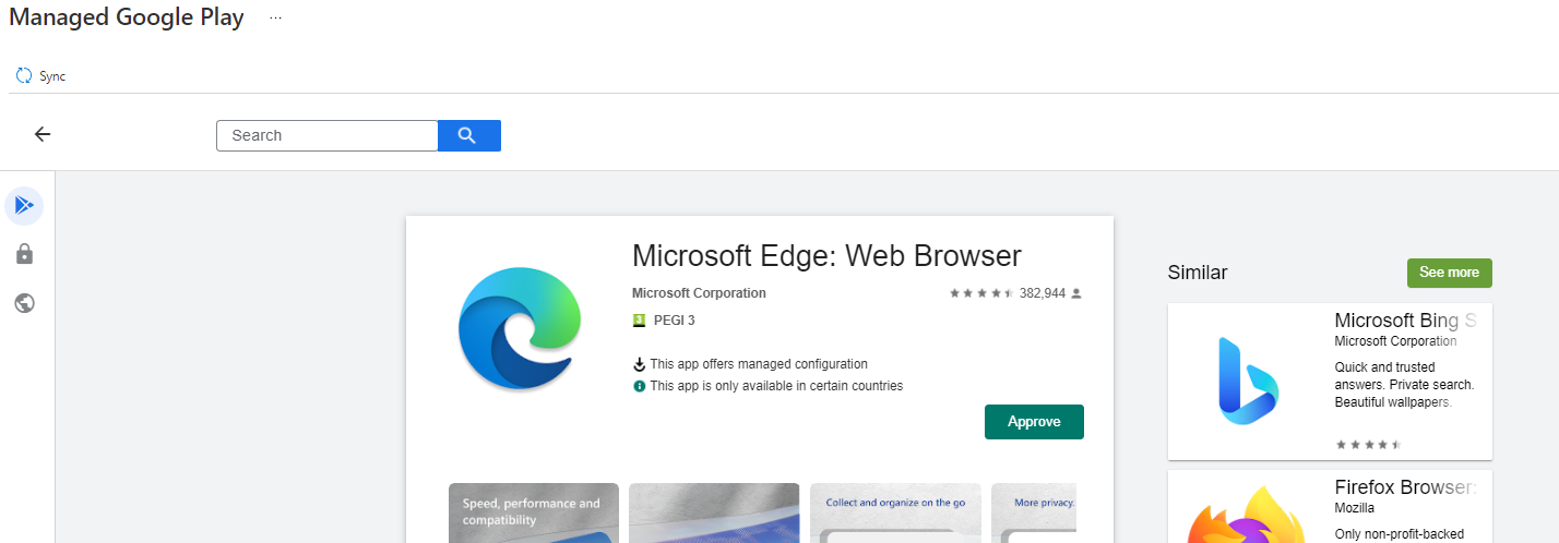 Screenshot of Edge browser app within Managed Google Play