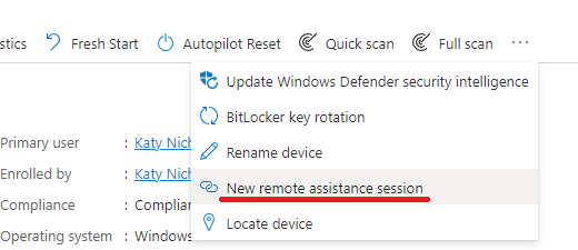 Screenshot of Intune device overview page, with the menu extended and 'New remote assistance session' highlighted