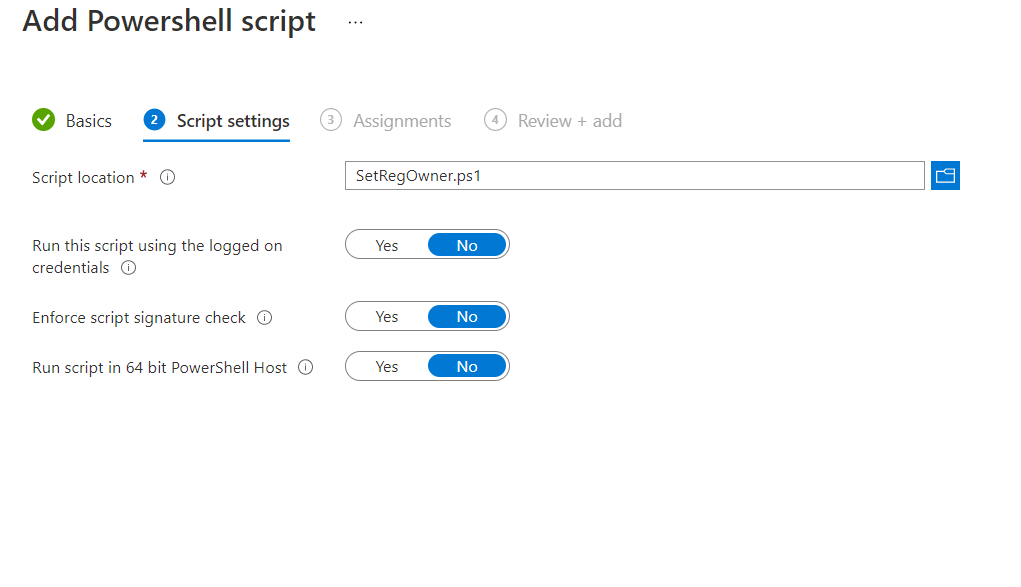 Screenshot of Add Powershell Script page in MEM portal.