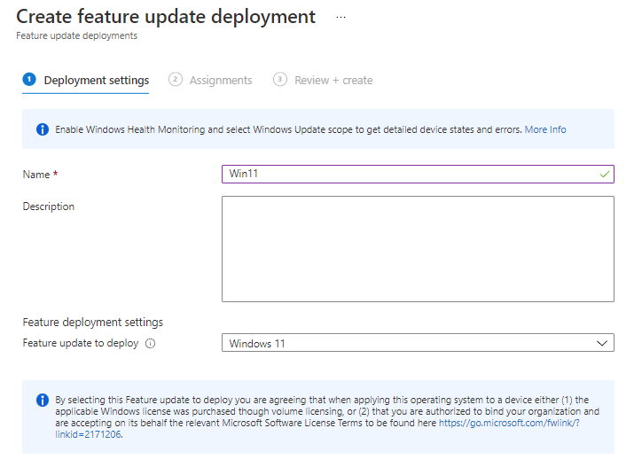 Screenshot of 'Create feature update deployment' settings in Intune