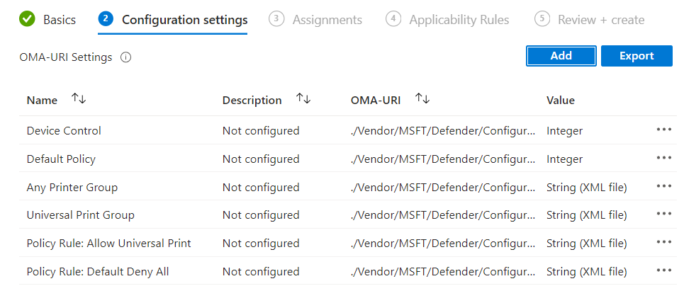 Screenshot of Intune showing configured OMA-URI settings.