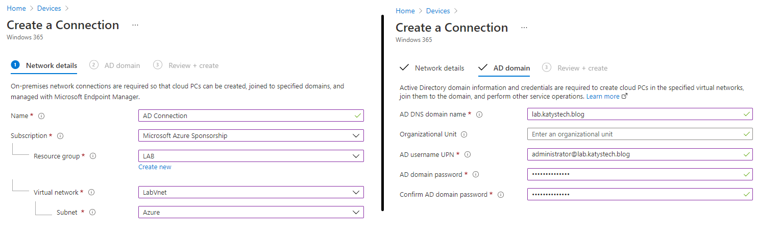 Windows 365 On-premises Network Connection - network details and AD domain screens