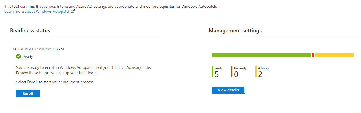 Screenshot of Windows Autopatch Tenant Enrollment screen, showing Readiness status: Ready, Management Settings: 5 ready, 0 not ready, 2 advisory, with buttons to Enroll and View Details
