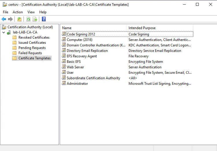 Screenshot of certification authority snap-in showing the enabled certificate templates list