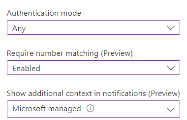 Screenshot of configuration for All Users Authenticator app, showing that number matching is enabled and additional context is Microsoft managed