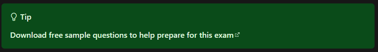 Green box labelled "Tip", content "Download free sample questions to help prepare for this exam"