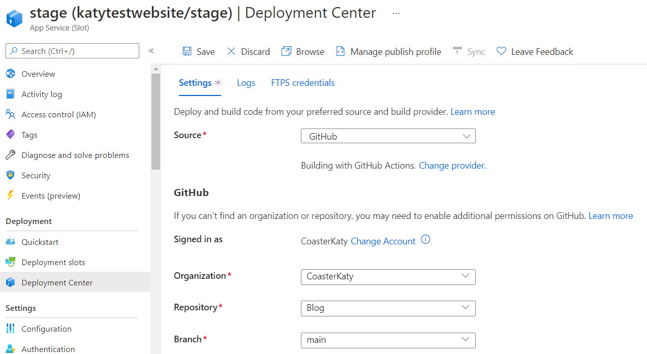 Screenshot of App Service Deployment Settings showing the stage deployment slot being linked to a GitHub repository