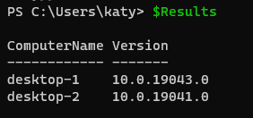 Screenshot of output of computer version command, showing a table of ComputerName vs Version.