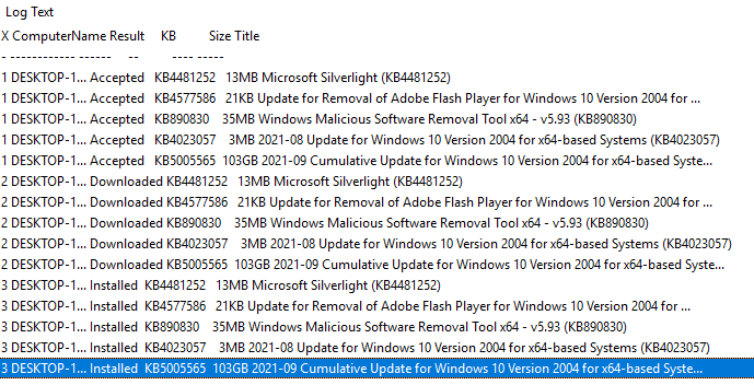 Screenshot of the output of Install-WindowsUpdate showing the updates with various status (Accepted/Downloaded/Installed)