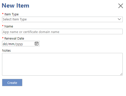 New Item form: Item type, Name, Renewal Date and Notes fields