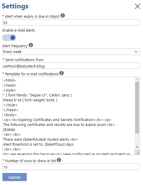 Settings page screenshot, showing various fields