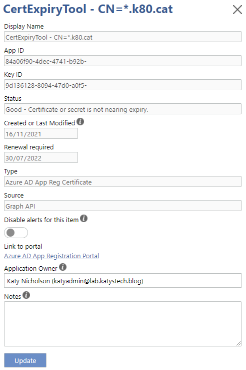 Screenshot of individual certificate properties screen