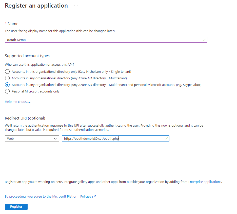 Screenshot of Azure AD Register an application screen, showing the display name and Redirect URI completed.