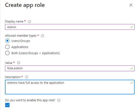 Screenshot of Create app role
