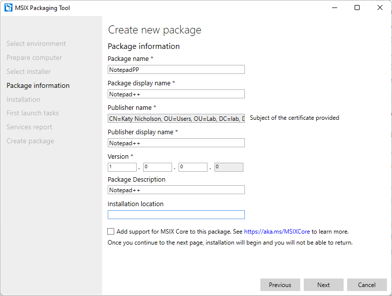 Screenshot of 'Package information' screen in MSIX packaging tool, showing the package data for Notepad++